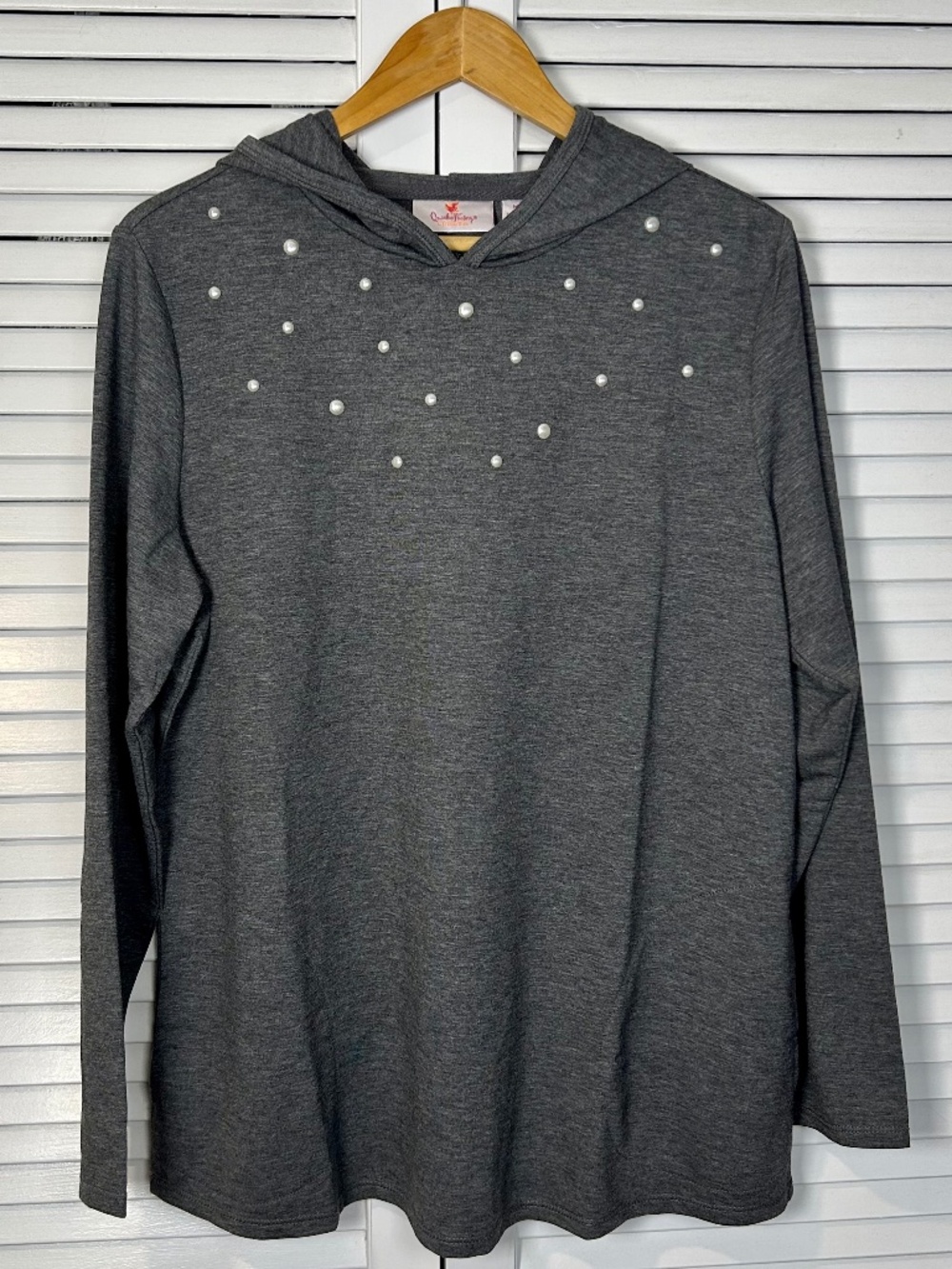 NWT Quacker Factory Medium Charcoal Grey Pearl Embellished‎ Jersey Hoodie